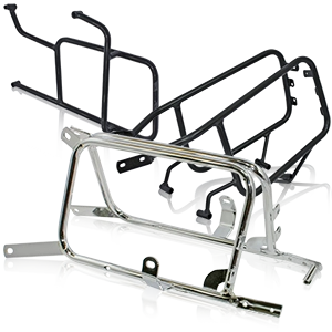 Multiple motorcycle side luggage racks made of black and chrome-plated metal.